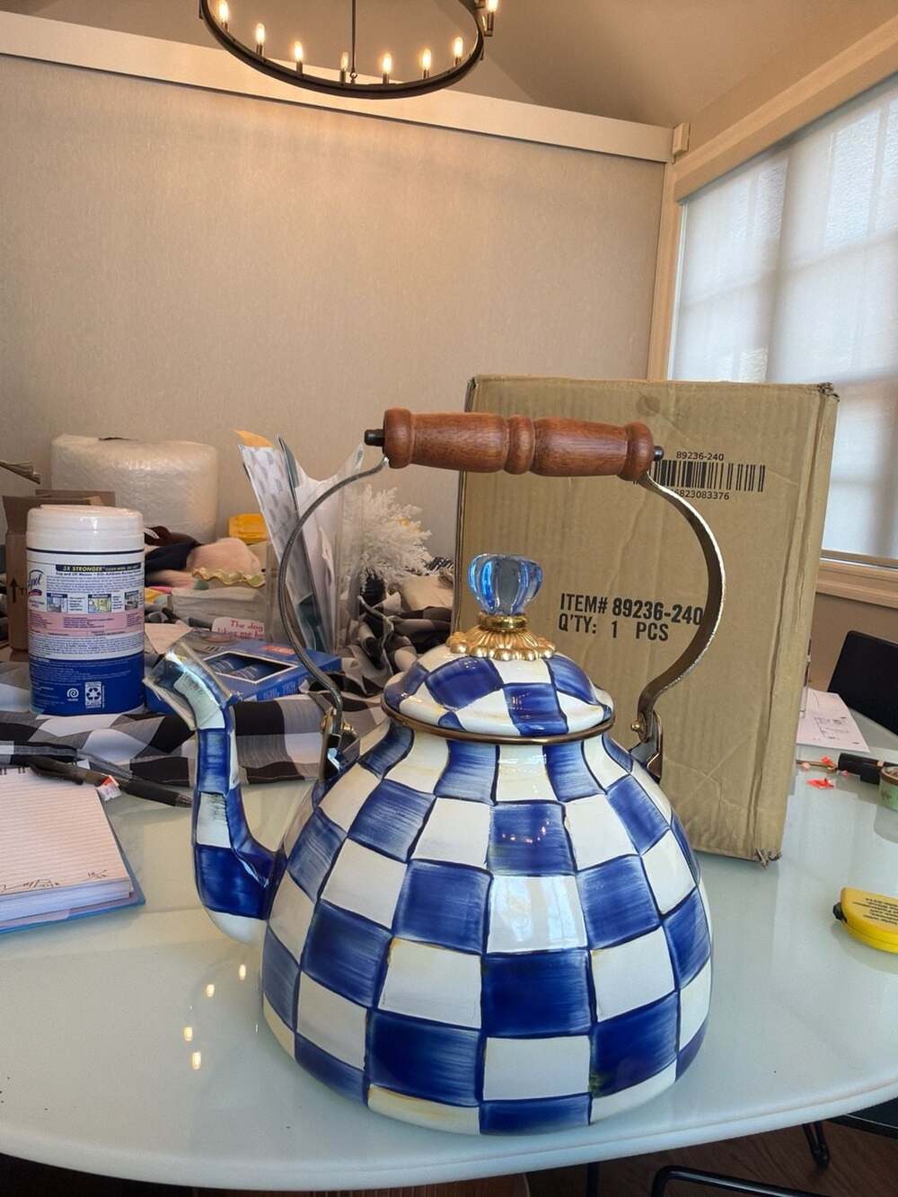 MacKenzie-Childs Royal Check Enamel 3-Quart Tea Kettle  NEW w/ Defect!